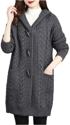 Cárdigan de otoño e invierno para mujer, suéter grueso, talla grande, chaqueta de punto con capucha, Negro/gris., 5XL