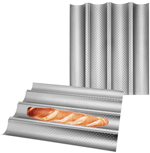 CHUENKUK 2 piezas de chapa para baguette (para 4 baguettes) molde baguette bandeja para baguettes, pan francés e italiano, 38 x 33 x 2,4 cm, plata