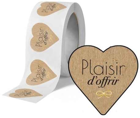 Avery - 500 Etiquettes Plaisir d'Offir Cœur Kraft Autocollantes en rouleau - 37 x 37 mm - Plaisir d'Offrir - 1 rouleau de 500 Stickers pour fleuriste, entrepreneurs, smallbusiness.