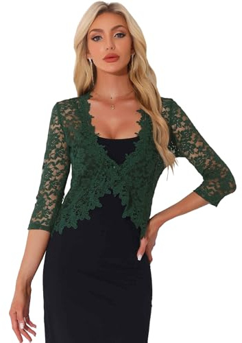 Allegra K Bolero de encaje floral para mujer, manga 3/4, formal, elegante, bolero, verde oscuro, L
