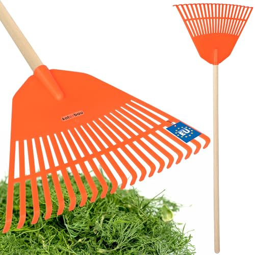 KOTARBAU® Laubrechen Kunststoff - 45 cm - mit Stiel - Laubbesen - Laubharke - Gartenrechen - Fächerbesen für Herbstlaub & Heckenschnitt - Kunststoff - Orange