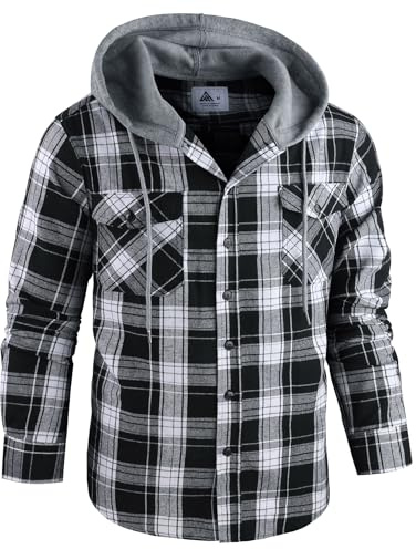 GEEK LIGHTING Men's Plaid Shirt Checked Shirts Mens Flannel Shirt Button Down Long Sleeve with Drawstring Casual Double Chest Pockets Classic Shirt Jacket L Black White