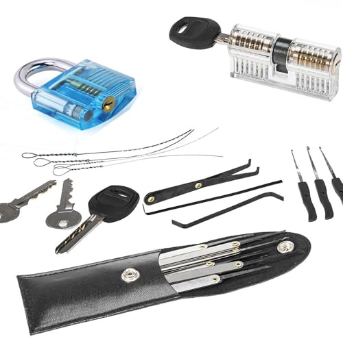 QiDAi Kit d'entraînement pour serrurier débutant avec 2 serrures transparentes, 15 crochets de crochetage avec clé cassée, combinaison d'entraînement classique de serrurier