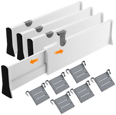 4 Sätze Schubladentrenner Verstellbar, Schubladenteiler Verstellbar, Länge 38–54 cm, Höhe 10.5 cm, geeignet für Schminktische, Schreibtische, Kleiderschränke, Küchen (weiß)