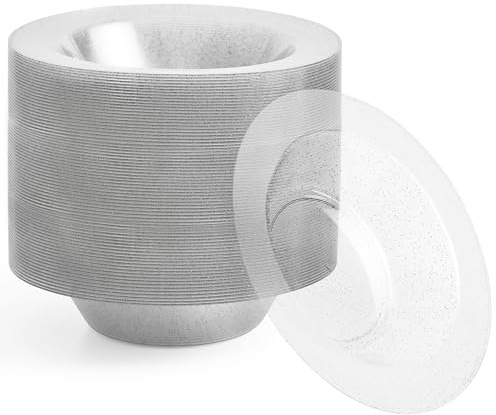MATANA 50 Klare Plastikschalen mit Silberglitzer, Suppenteller, Suppenschalen (360ml) - Suppenschüssel für Hochzeiten, Geburtstage, Taufen, Weihnachten, Partys - Mehrweg & Stabil