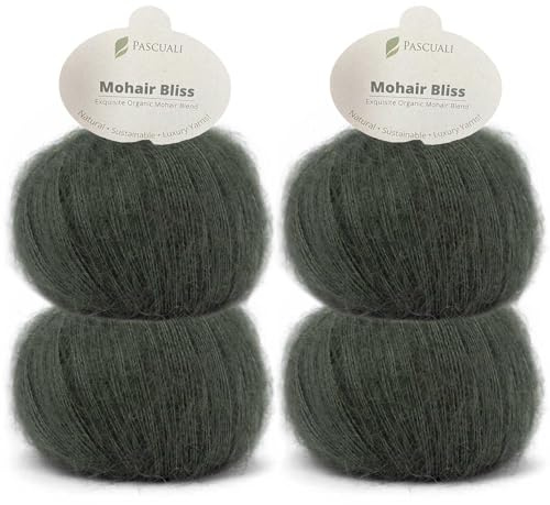 PASCUALI | Mohair Bliss |Strickwolle aus 60% Mohairwolle (Kid Mohair) 40% Seide Wolle Mohairgarn zum Stricken und Häkeln, SET: 4 Knäuel - 100g - Farbe:Oliv 804