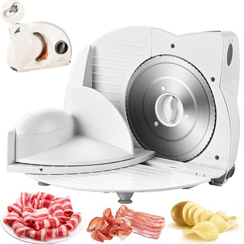 meat slicer machine for home, food slicer Foldable with 3 thickness adjustment, pusher, stainless steel blade, Security protection, Removable electric meat slicer for deli, meat, Cheese, Bread