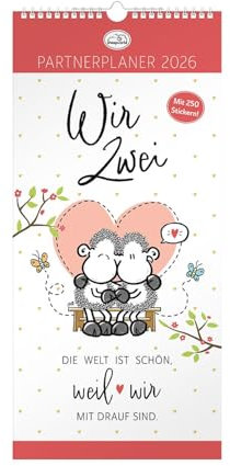 Planer für Zwei 2026: Wandkalender mit zwölf Monatsseiten mit 4 Spalten zum Planen, Spiralbindung, inklusive Stickerbogen mit 250 Aufklebern.