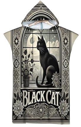 DLERFLOVR Poncho Serviette Chat Noir Poncho de Bain Adulte Fenêtres Rétro Peignoir de Surf Séchage Rapide & Léger Serviette de Plage à Capuche pour Hommes Femmes