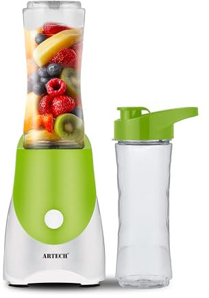 ARTECH Personal Blender 300W – Portable Smoothie Maker with 2 x 600ml Bottles | One-Touch Operation | Compact Design | Stainless Steel Blades for Shakes, Juices, Protein (White & Green Base)