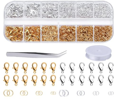 1200 Stück Armband Verschluss Quetschperlen Schmuckherstellung Set Karabinerverschlüsse Biegeringe Quetschperlen Quetschkalotten Kettenverlängerung (Silber+Gold), mit Pinzette Ösenöffner