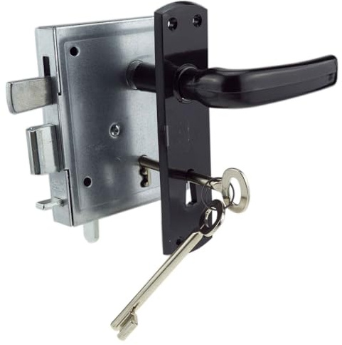INTRA-TEC Kastenschloss mit Buntbartschlüssel – für Gartentore & Kellertüren, Dorn 60 mm, Entfernung 55 mm, DIN L/R, verzinkt, hebende Falle, zweitourig mit Drücker und Schild, BB, Edelstahlstulpe