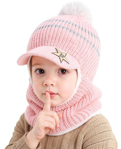 AYPOW Bonnet Cagoule Bébé Enfant, Tricot Bonnet Cache-Cou Ensemble Chapeau Écharpe Chaud d'hiver Thermique Coupe-Vent pour Tout-Petit Fille Garçon Capuche Doux avec Pompon en Polaire