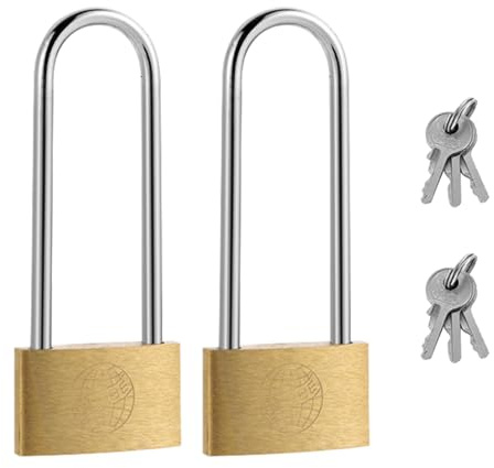 40mm Brass Padlocks with Keys, 2 Pack 6 Keys Long Shackle Waterproof Outdoor and Indoor Padlock for Locker, Gym, Suitcase