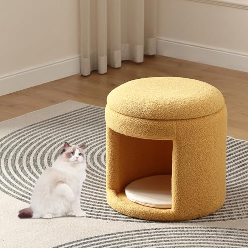 FOREST GRAVITY Katthus stol vintersäker kattgrotta husdjurshus på vintern och svalt på sommaren, snygg design, katttält för husdjurstol 47,5 x 47 cm (gul)