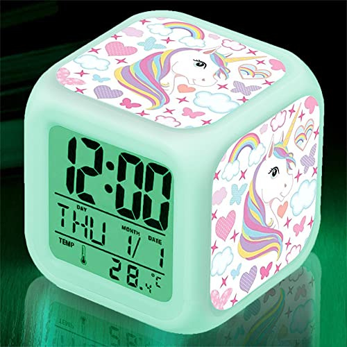 Zhexoom Kids Alarm Clock, 7 Color Digital Wake Up Clocks with 8 Alarm Sounds, LED Night Light Clock with Date Calendar Temperature for Students Boys Girls (White Unicorn) (White Unicorn)