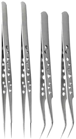 PENIKOKO 4 Piezas Pinzas de Acero Inoxidable con Puntas Rectas y Curvas Precisión para Reparación de Relojes Limpieza de Joyas y Trabajos de Laboratorio Herramientas Compactas y Portátiles