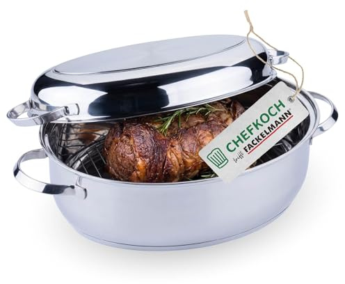 Chefkoch trifft Fackelmann Bräter Rosenheim – Ø38 cm, mit Edelstahldeckel, Gussgriff und Rosteinsatz, für alle Herdarten, Spülmaschinengeeignet