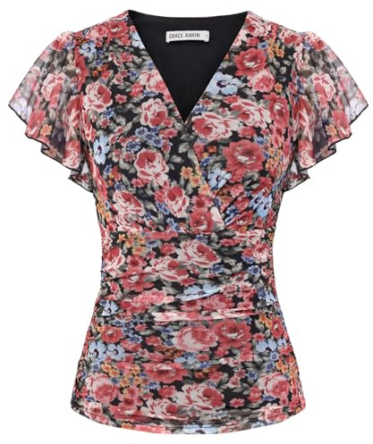 GRACE KARIN Women's Blouses Floral Boho Tops Short Ruffle Sleeve Wrap Tunic Blouse Spring Summer Going Out Tops