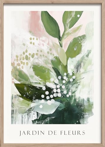 STYLER Gerahmtes Poster Fleurs 50 x 70 cm I Abstraktes florales Kunstmotiv in Grün- & Rosétönen I Wandbild Wohnzimmer Schlafzimmer Büro I Wanddeko Modern Bild mit Holzrahmen