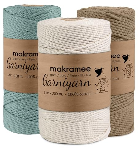 GARNIYARN Makramee Garn 3mm, 400m, Natur, DuckEggBlue, Cremebeige, 3er-Set | OEKO-TEX, 4-fach gezwirnte Baumwollkordel für Makramee-Wandbehang, Blumenampel, Pflanzenhänger, Traumfänger und DIY-Projekte