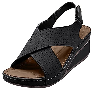 Sandali Tacco Scarpe Donna Comode e Morbide Hollow Heelbreathable Casual Slope Fashion Women'S Sandals Hook Loop Sandali da Donna Comodi Scarpe Aperte Estive (Black 42)