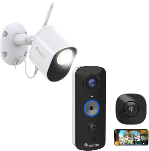 TOUCAN V3 Wireless Video Doorbell & Wired Security Light Camera Bundle – 1080p HD CCTV with 180° View, Motion Detection, 2-Way Audio, 110dB Siren, Free 24-Hr Cloud Storage, No Subscription