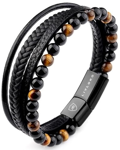 LIVLOKO LONDON Bracelet en cuir noir multicouche avec perles de pierre réglable fermoir en acier Viking corde bracelet surfeur homme UK bijoux boîte cadeau petit ami papa fils frère œil de tigre