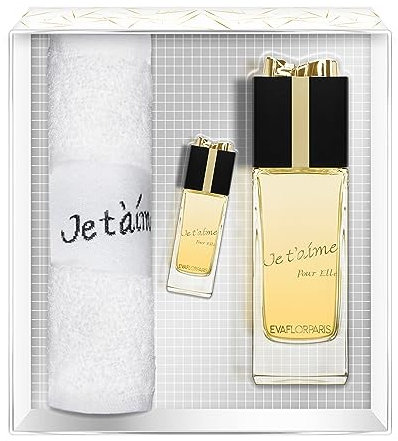 JE T'AIME pour Elle Coffret pour Femme Eau de Parfum 100 ml + Miniature 10 ml + Serviette Éponge Vaporisateur Spray Parfum Cadeau • EVAFLORPARIS