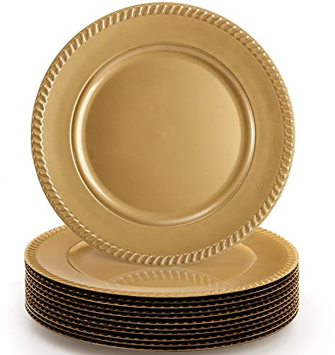 Suwimut 12 Pack Plastic Gold Charger Plates, 13 Inch Reusable Round Beaded Charger Plates, Decorative Dinner Chargers Bulk Serving Plate for Wedding, Party, Catering Event, Tabletop Decor