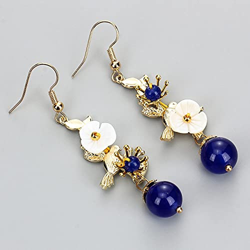 Femmes Argent Boucles D'Oreilles, Perles Rondes Bleues Boucles D'Oreilles En Pierre Naturelle Boucles D'Oreilles Pendantes Élégantes Fleurs Pendantes Boucles D'Oreilles Longues Lady Cadeaux De Fête