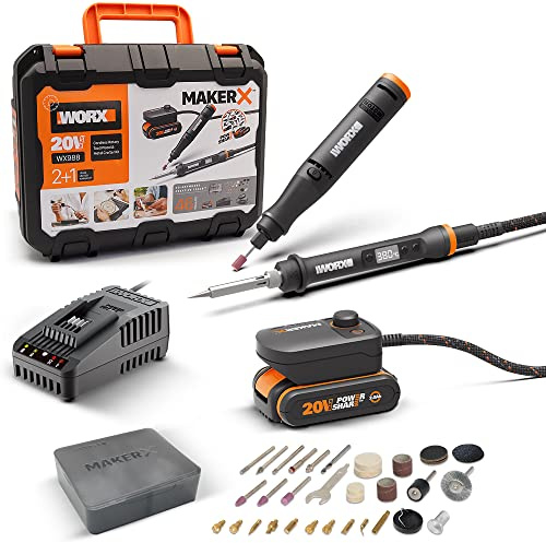 WORX Kit MakerX Herramienta rotativa + soldador 20V | PowerShare | WX988-1 batería de 2Ah con indicador, 1 cargador