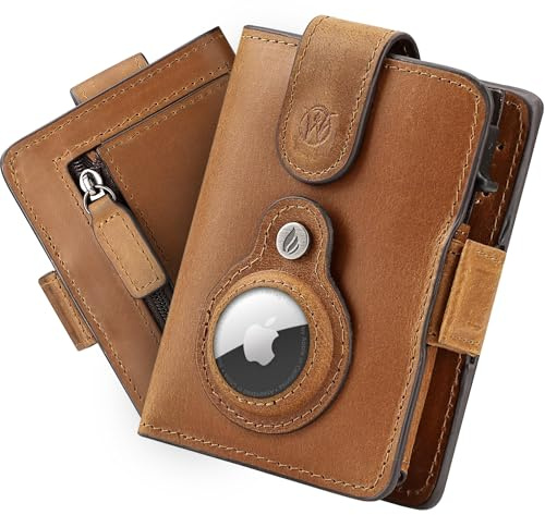 Will Fire® Smart Wallet Herren mit Airtag-Fach & Photokapsel | Inkl. Anhänger | Echtleder Airtag (1. & 2. Gen) Wallet mit Münzfach & Scheinfach | RFID Schutz | Bis zu 12 Karten | [Cognac]