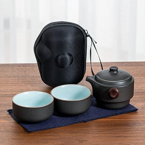 LUNYY Service à thé Portable Chinois en céramique 1 Pot 2 Tasses Service à thé de Voyage Tasses Sac de Rangement Ensemble de Vaisselle à thé conteneur d'isolation Thermique