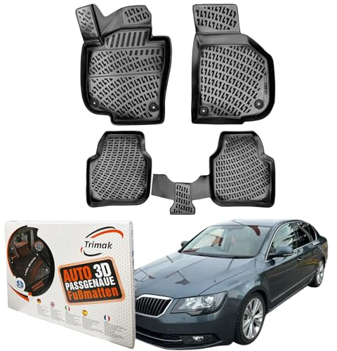 Trimak Passgenau 3D Fussmatten Auto Kompatibel mit Skoda Superb 2 Gen 2008-2015 Auto Zubehör 1. und 2. Reihe Gummimatten Autos TPE Allwetter Geruchlos rutschfest Vorne & Hinten Schwarz