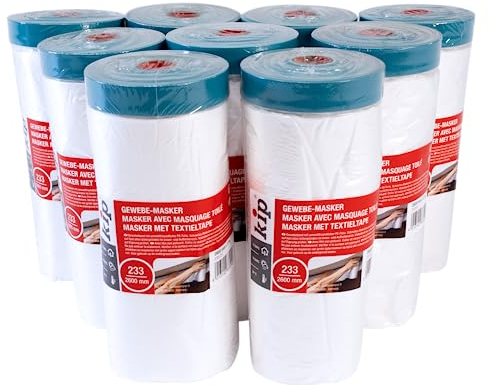 Kip 9 Rollen Tape 233-25 Gewebe-Masker – Abdeckfolie mit Gewebeband Klebestreifen zum Streichen & Lackieren – Speziell für raue Untergründe – 2600mm x 17m