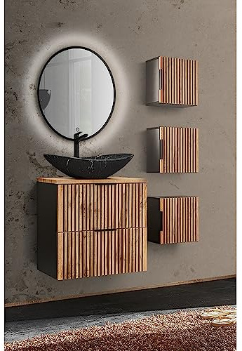 Lomadox Badmöbel Set 5-teilig mit Hängeschränken Waschtisch Unterschrank 60 cm Waschbecken Keramik LED Spiegel anthrazit Eiche Nb. Schwarze Rillen