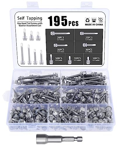 Gueenky 195 Pièces Vis Autoforeuse à Tete Hexagonale, 5,5 x 16-50 mm Vis Autotaraudeuse Inox Vis Autoperceuse Metal, 7 Tailles Vis Autopercante Autoperforante Autoforante, avec Douille Visseuse