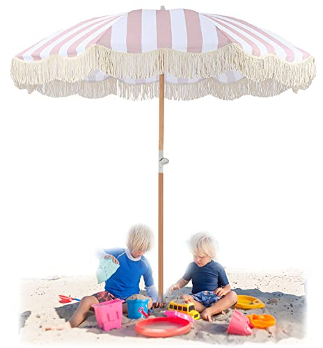 Garten-Sonnenschirm, neigbarer Garten-Sonnenschirm, Urlaubsschirm, rosa-weiß gestreift, Boho-Strandschirm mit Fransen, Premium-Holzstange, 2 m, für Innenhöfe, Hochzeiten, Esstisch, Strände