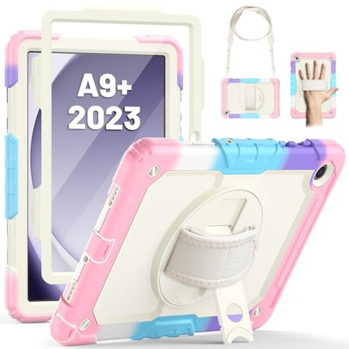 SEYMAC Hülle für Samsung Galaxy Tab A9+ / A9 Plus - 11 Zoll 2023, Camo Rosa | Stoßfeste Hülle mit Displayschutzfolie, 360°Drehbarem Ständer, Handschlaufe, Schultergurt, Stifthalter, Arbeit/Outdoor&Alltag