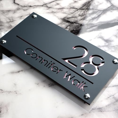 K SMART SIGN | LUXE H1 | House sign door number laser personalised address wall plaques numbers Signs (Matt Gray & Rose Gold Mirror)