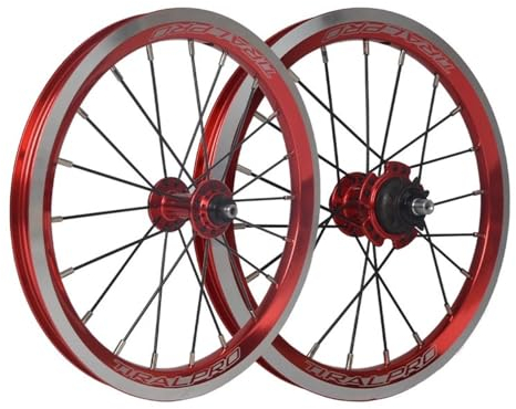LSRRYD 14'' 16'' Single Speed Laufradsatz V Bremse 412 305 Fahrrad Räder Faltrad BMX Laufrad Satz Lagernabe Mit 9T Ritzel Doppelwandige Ultra Light Felgen (Color : Red, Size : 16inch 305)