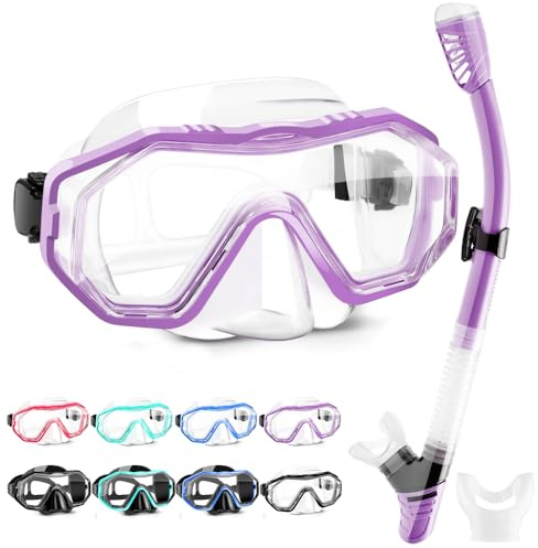 HINATAA Schnorchelset Erwachsene, Taucherbrille mit Silikonschnorchel, Anti-Fog PC Linsen Tauchmasken, 180° Schnorchelmaske, Anti-Percolation Dry Schnorchelset Frauen Männer