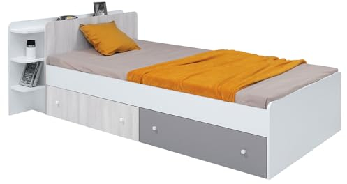 Lomadox Bett Einzelbett Kinderbett Jugendbett 90x200 cm Liegefläche mit 2 Bettschubladen weiß, Eiche hell, grau 114x80x224 cm
