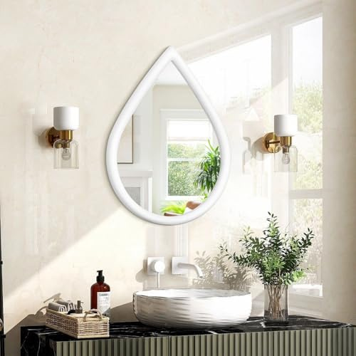 FEUFOAM Wandspiegel, klein, weiß, Badezimmerspiegel, rustikal, Bauernhaus, Tropfenspiegel, Holzrahmen, dekorativer Spiegel, einzigartiger Schminkspiegel für Schlafzimmer, Eingangsbereich, Wohnzimmer