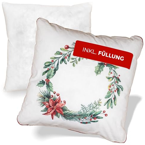 NOAH VERDE Zierkissen-Weihnachten Kranz, Weihnachts-Kissen 45x45 & Füllung | Kranzmotiv mit Weihnachtsstern, 100% Baumwolle, Oeko-TEX, Chalet & Landhausstil Winterdeko, Christmas Decorations, Advent
