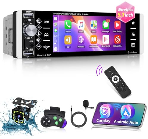 Autoradio 1 Din con Senza fili Carplay e Android Auto - Radio Bluetooth Touchscreen IPS da 5,1 Pollici con EQ, Mirror Link, Radio FM/AM/RDS, Bluetooth, Porta TF/AUX/USB, SWC + Telecamera di Backup
