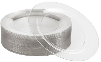 MATANA 50 Premium Clear Hard Plastic Dessert Plates with Silver Glitter, 19cm / 7 Inch - Elegant & Reusable Small Side Plates, Starter Plates for Weddings, Birthdays, Picnic, BBQ, Parties