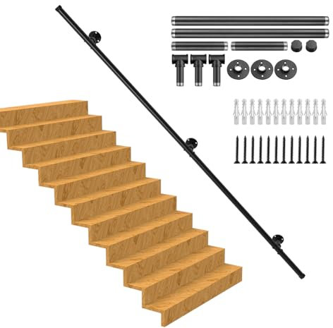 Handlauf Treppe, Rutschfester Treppengeländer Innen und Außen, Geländer Treppe Rohrförmiges Handfußgeländer,Wandhandlauf mit Zubehör Handlauf Schwarz Komplettset 2M
