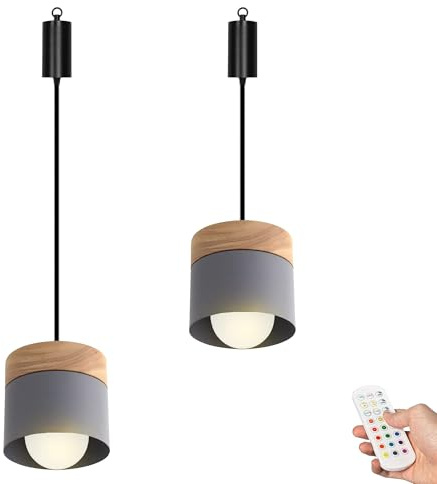 FSLiving Dimmbare Hängelampe mit Batterie Innen,2er-Satz Modern Metall Hängeleuchte Batteriebetriebene Lampe, Pendelleuchte ohne Strom Stromanschluss für Küche Nachttischcafé,Grau